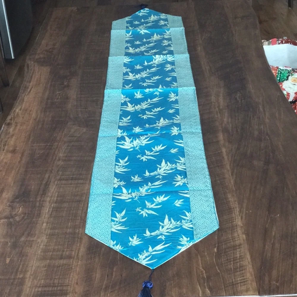 NEW Table Runner Aqua Blue with gold shimmery designs.